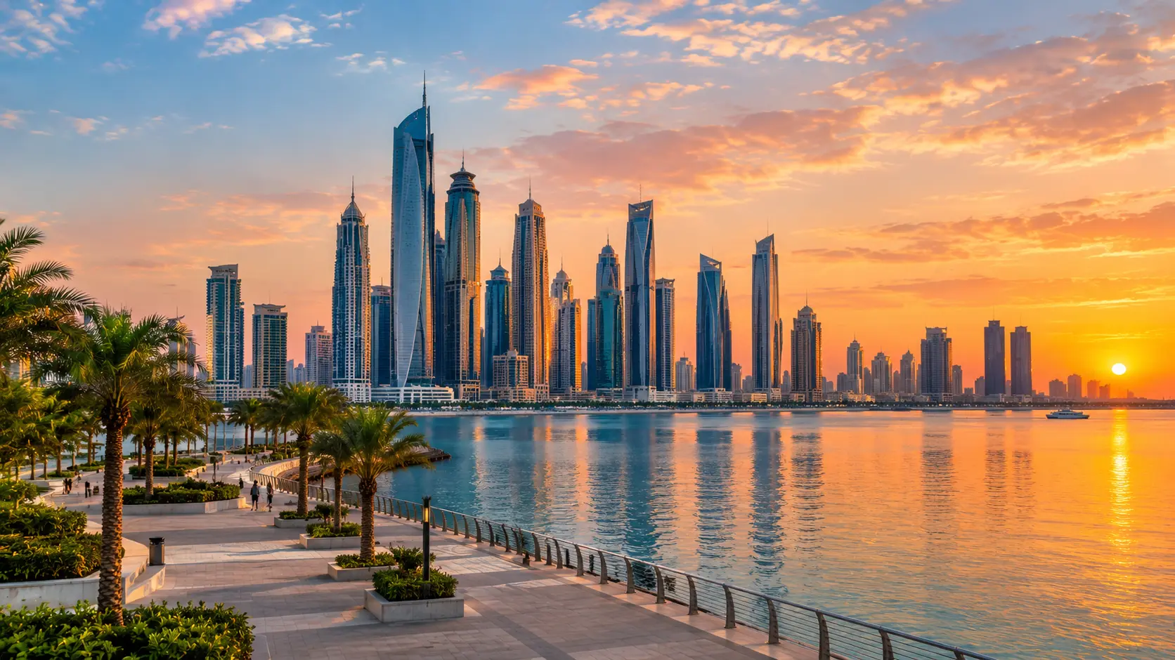 UAE city skyline at sunset